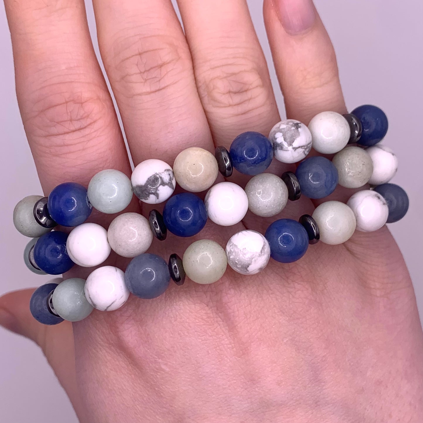 8mm Blue Aventurine, Amazonite, Howlite and Hematite Bead Bracelet