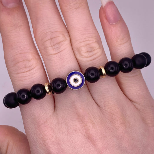 8mm Black Onyx and Obsidian Evil Eye Bead Bracelet