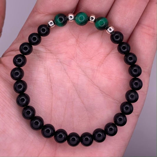 6mm Green Tigers Eye and Obsidian Bead Bracelet - Mia's Boutique