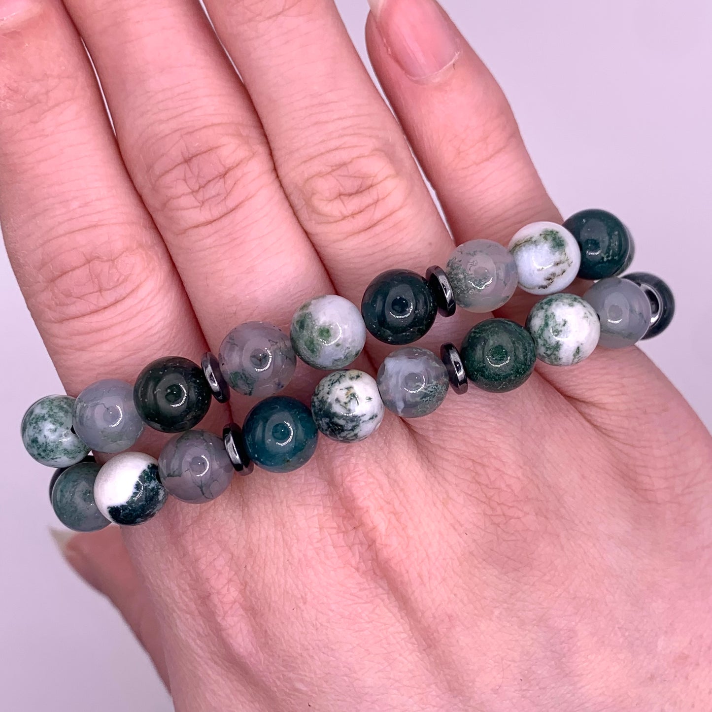 8mm Moss Agate and Hematite Bead Bracelet