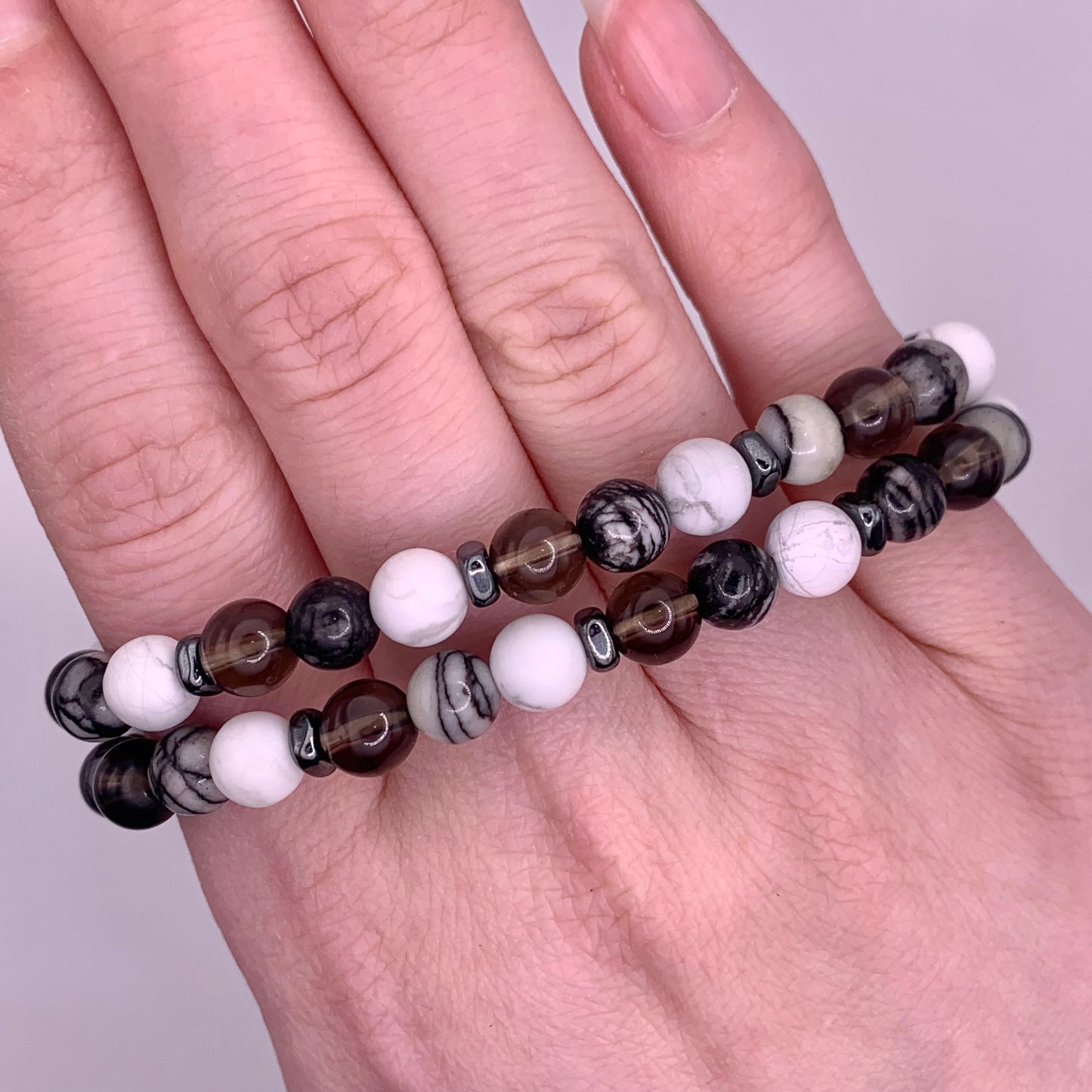 6mm Picasso Jasper, Smokey Quartz, Howlite and Hematite Bead Bracelet