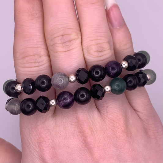 8mm Fluorite and Silver Sheen Obsidian Bead Bracelet