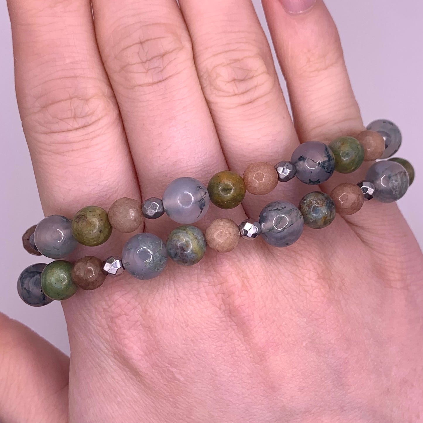 8mm/6mm Moss Agate, Ruby Fuchsite, Pink Aventurine and Hematite Bead Bracelet