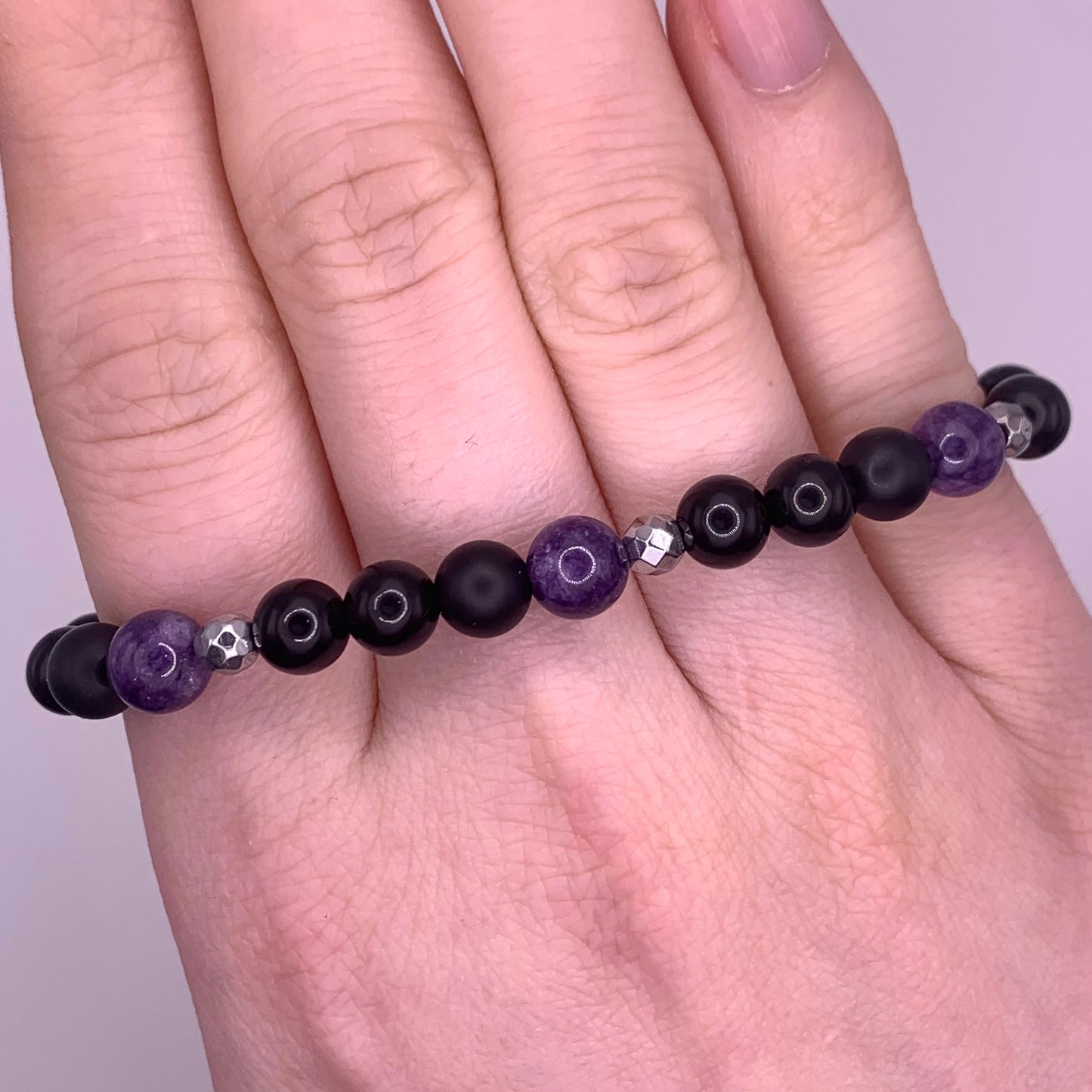 6mm Lepidolite, Black Onyx, Obsidian and Hematite Bead Bracelet